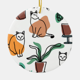 Line Art zeichnend Katzen und Blume Keramik Ornament