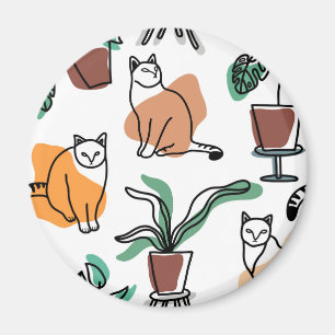 Line Art zeichnend Katzen und Blume Magnet