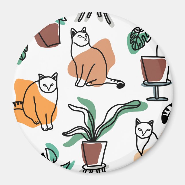 Line Art zeichnend Katzen und Blume Magnet (Vorne)