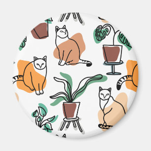 Line Art zeichnend Katzen und Blume Magnet