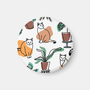 Line Art zeichnend Katzen und Blume Magnet