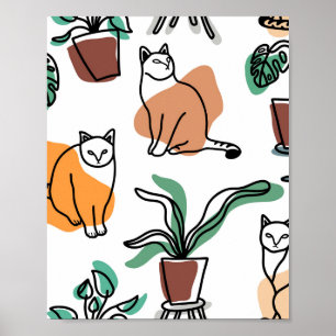 Line Art zeichnend Katzen und Blume Poster