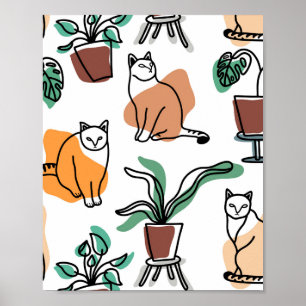 Line Art zeichnend Katzen und Blume Poster