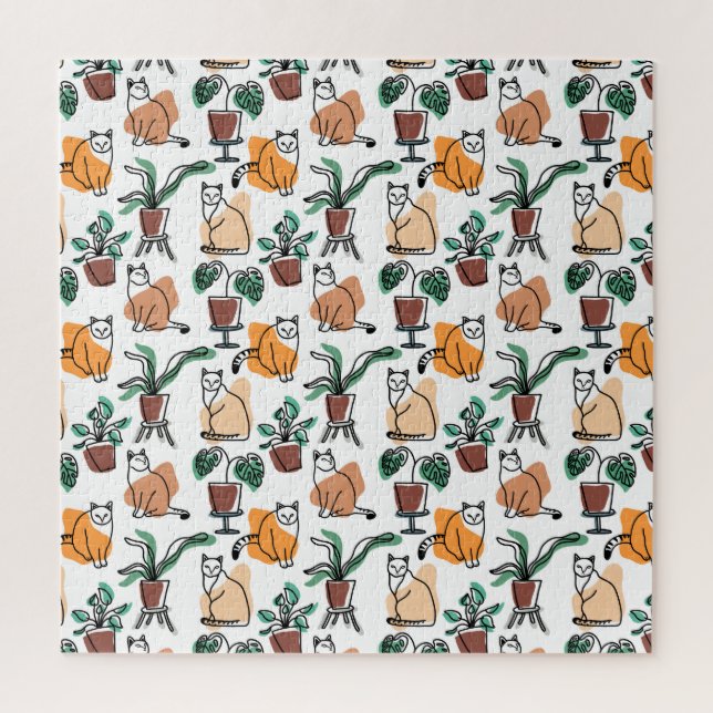 Line Art zeichnend Katzen und Blume Puzzle (Vertikal)