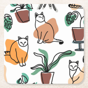 Line Art zeichnend Katzen und Blume Rechteckiger Pappuntersetzer