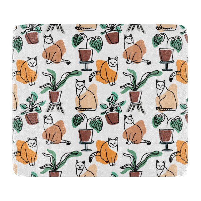 Line Art zeichnend Katzen und Blume Schneidebrett (Vorderseite)