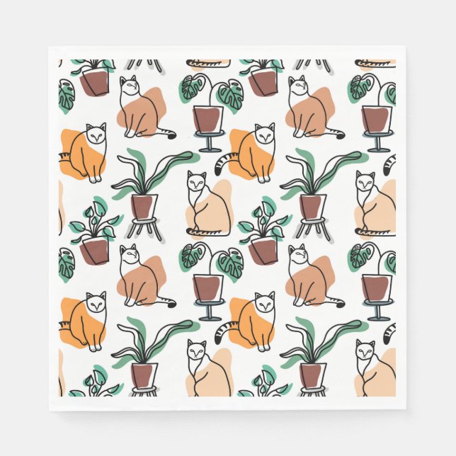 Line Art zeichnend Katzen und Blume Serviette (Vorderseite)