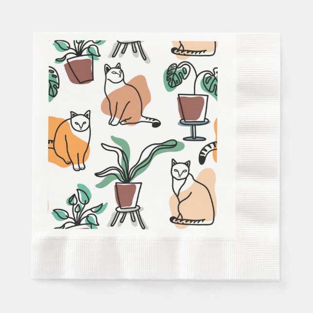 Line Art zeichnend Katzen und Blume Serviette (Vorderseite)
