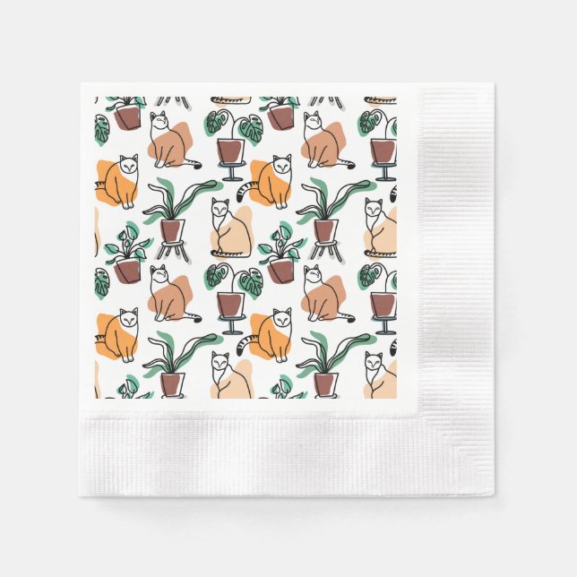 Line Art zeichnend Katzen und Blume Serviette (Vorderseite)