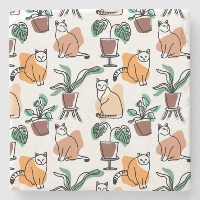 Line Art zeichnend Katzen und Blume Steinuntersetzer (Vorderseite)