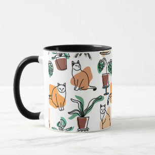 Line Art zeichnend Katzen und Blume Tasse