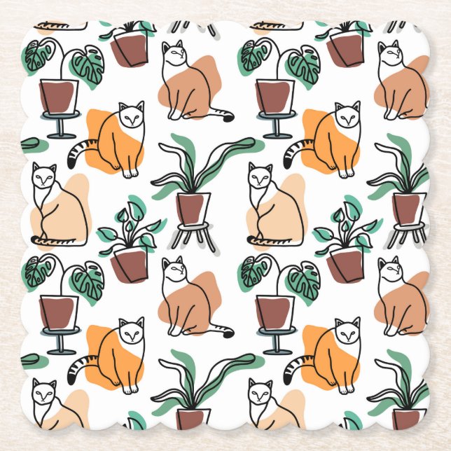 Line Art zeichnend Katzen und Blume Untersetzer (Vorderseite)