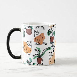 Line Art zeichnend Katzen und Blume Verwandlungstasse