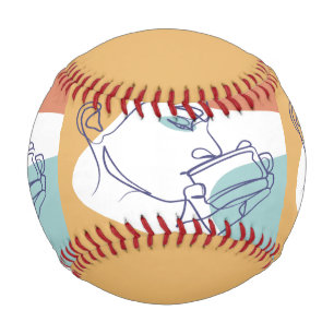 Line Art zeichnend Poster der Frau Kaffee trinken Baseball