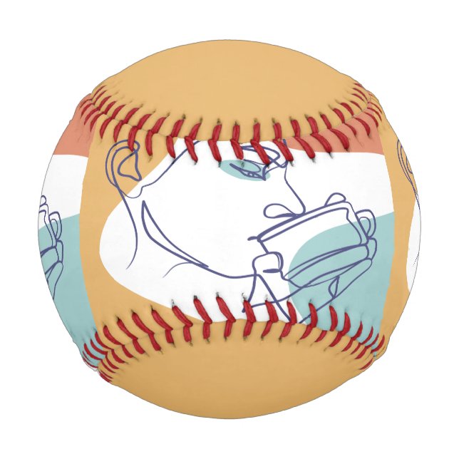 Line Art zeichnend Poster der Frau Kaffee trinken Baseball (Vorderseite)