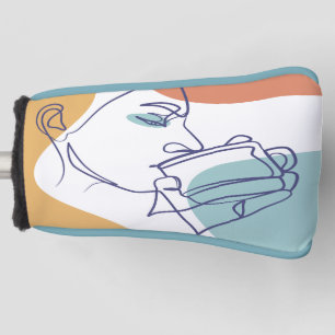 Line Art zeichnend Poster der Frau Kaffee trinken Golf Headcover