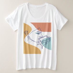 Line Art zeichnend Poster der Frau Kaffee trinken Große Größe T-Shirt