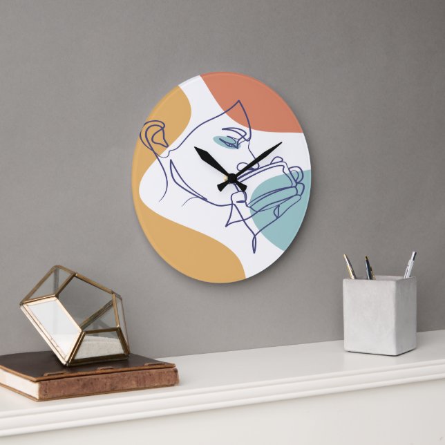 Line Art zeichnend Poster der Frau Kaffee trinken Große Wanduhr (Büro)