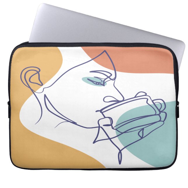 Line Art zeichnend Poster der Frau Kaffee trinken Laptopschutzhülle (Vorderseite)