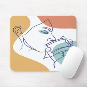 Line Art zeichnend Poster der Frau Kaffee trinken Mousepad