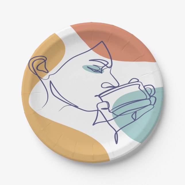 Line Art zeichnend Poster der Frau Kaffee trinken Pappteller (Vorderseite)