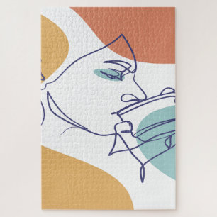 Line Art zeichnend Poster der Frau Kaffee trinken Puzzle