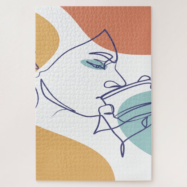 Line Art zeichnend Poster der Frau Kaffee trinken Puzzle (Vertikal)