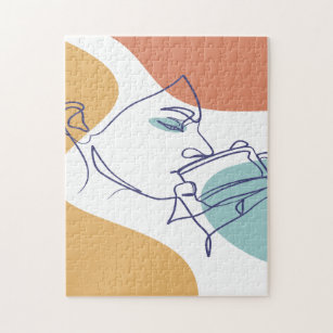 Line Art zeichnend Poster der Frau Kaffee trinken Puzzle