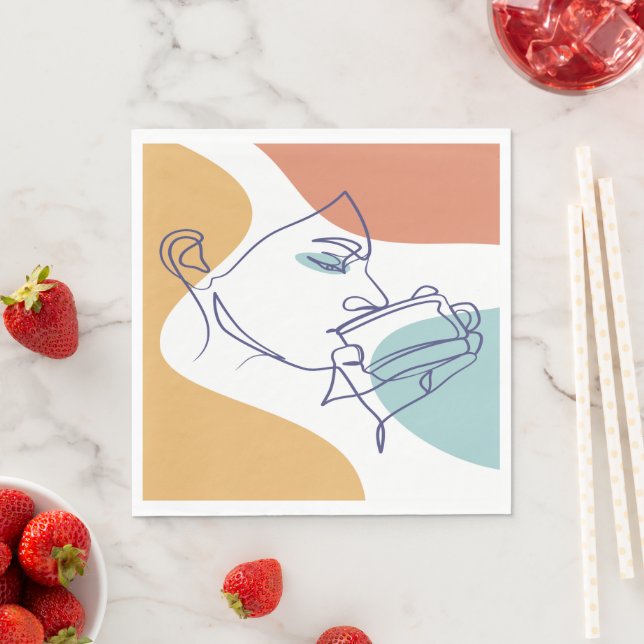 Line Art zeichnend Poster der Frau Kaffee trinken Serviette (Beispiel)