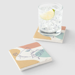 Line Art zeichnend Poster der Frau Kaffee trinken Steinuntersetzer