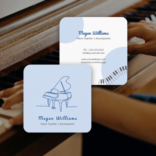 Line Drawing Grand Piano Teacher Music Lesson Quadratische Visitenkarte (Line Drawing Grand Piano Teacher Music Lesson Square Business Card)