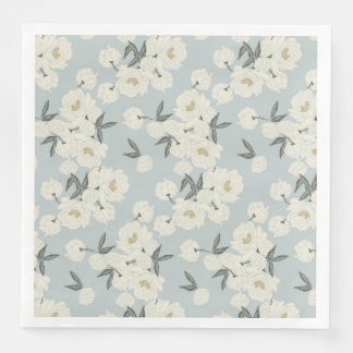 Line Drawn Peony in Cream on Light Blue-Napkin Serviette