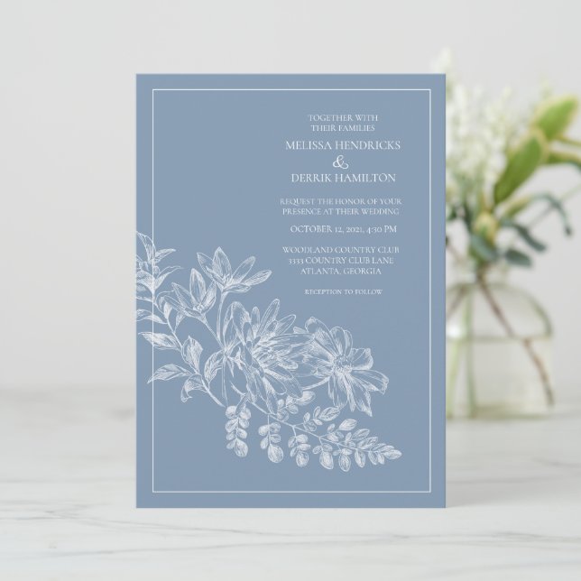 Line Zeichnend Blue Periwinkle Wedding Einladung (Stehend Vorderseite)