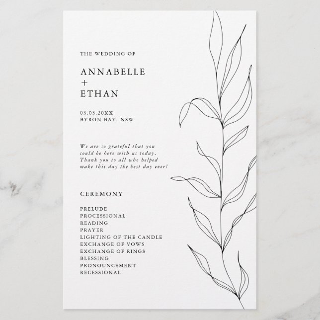 Line Zeichnend Folage Leaf Zeremonie-Programm (Vorderseite)