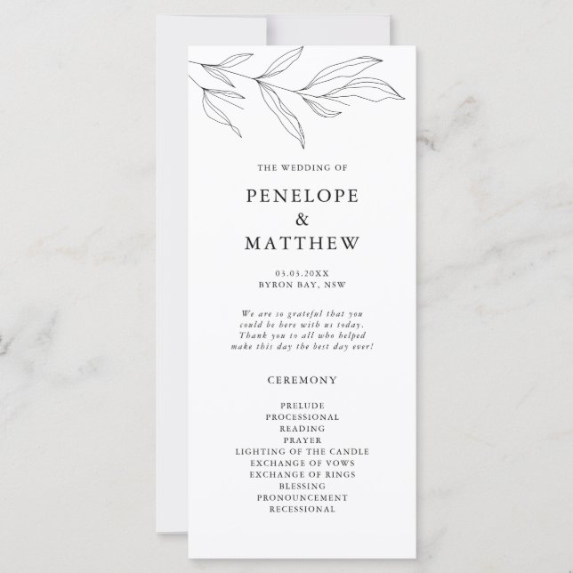 Line Zeichnend Foliage Leaf Hochzeitsprogramm (Vorderseite)