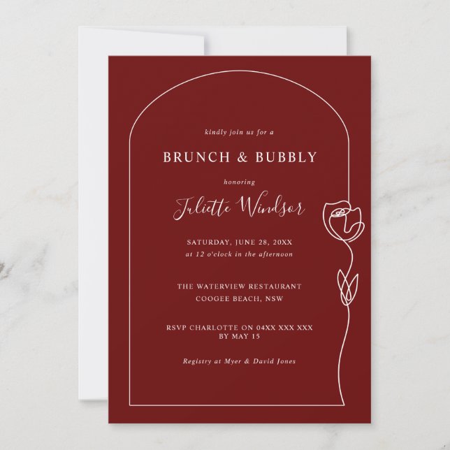 Line Zeichnend Rose Brunch & Bubbly Einladung (Vorderseite)