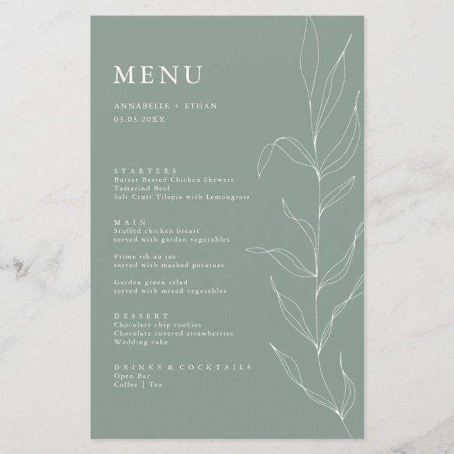 Line Zeichnend Sage Foliage Menu Card (Vorderseite)