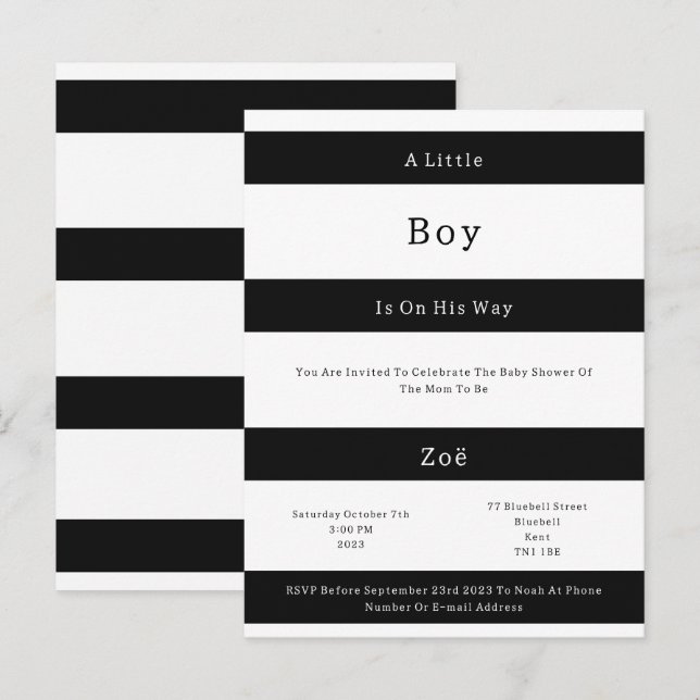 Linear Chic Black And White Stripes Baby Invite Br Postkarte (Vorne/Hinten)