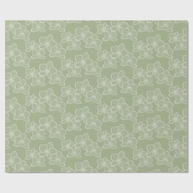Lineare Orchidee | Elegante florale Salbeigrün Geschenkpapier (Flach)