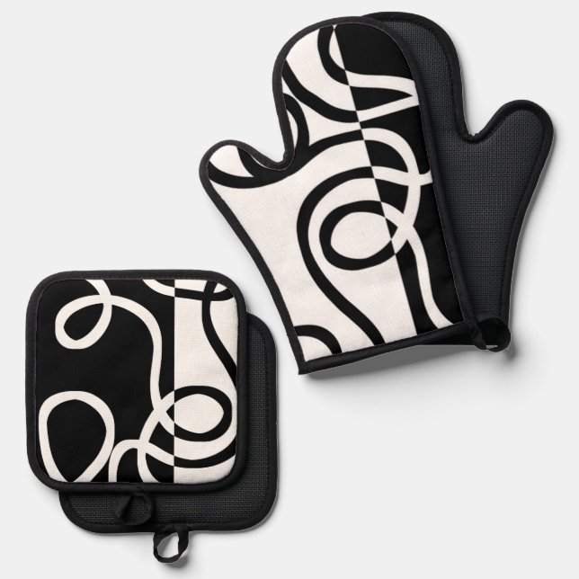 Lineare Überzeugung I: Abstrakt Schwarz & Weiß Ofenhandschuh & Topflappen-Set (Vorderseite/Rückseite)