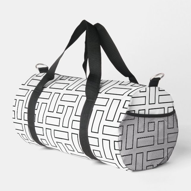 Lineares Schwarz-Weiß-Blockmuster - Weiß Duffle Bag (Rechte Ecke)