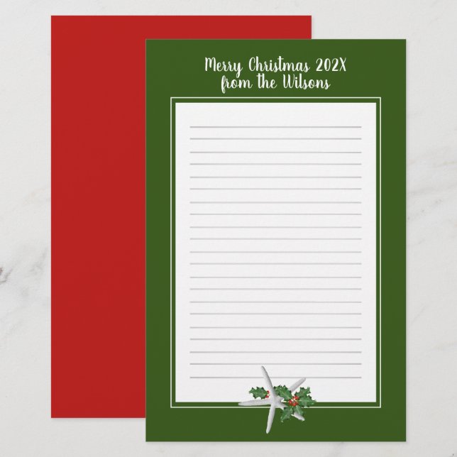 Lined Christmas Starfish rot grünes Schriftpapier Briefpapier (Vorne/Hinten)