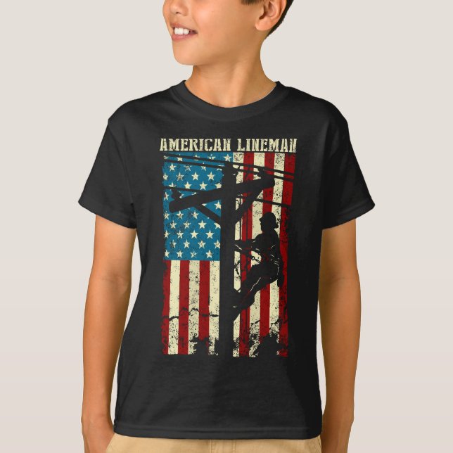Lineman American flag Electric Cable gift Patrioti T-Shirt (Vorderseite)