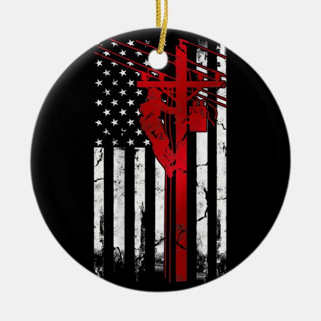 Lineman American Flag Electric Cable Lineman Keramik Ornament (Vorne)