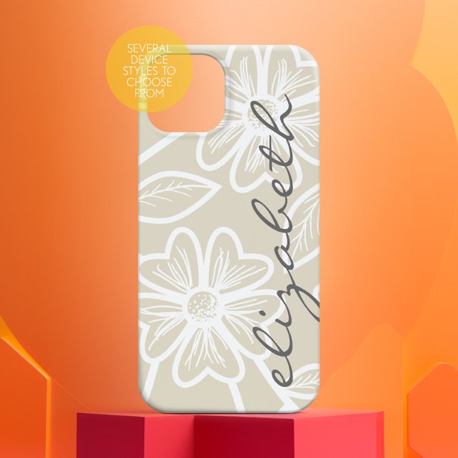 Linen Beige und Charcoal Floral Illustration Name Case-Mate iPhone Hülle (Personalized Phone Case - Many Device Styles to Choose From)