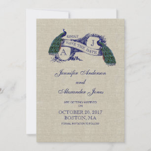 Linen Blue Peacock Save the Date Card