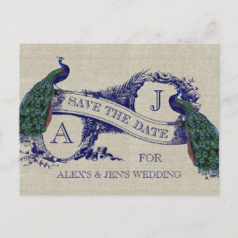 Linen Blue Peacock Save the Date Postkarte