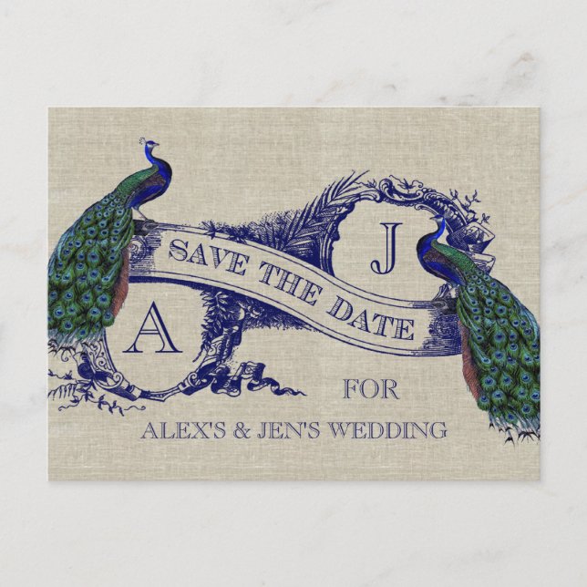 Linen Blue Peacock Save the Date Postkarte (Vorderseite)