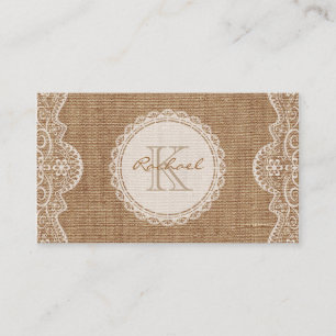 Linen Burlap White Lace Monogram Personal Contact Visitenkarte