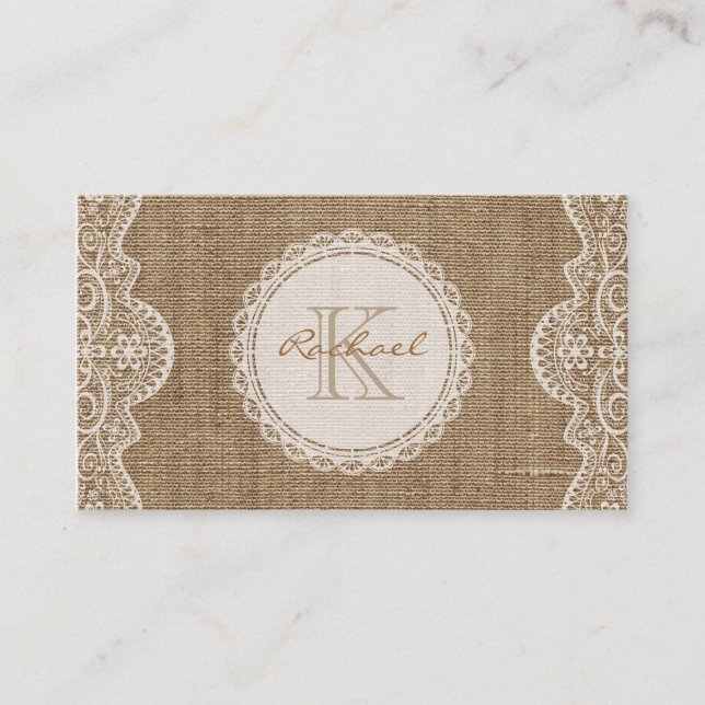 Linen Burlap White Lace Monogram Personal Contact Visitenkarte (Vorderseite)